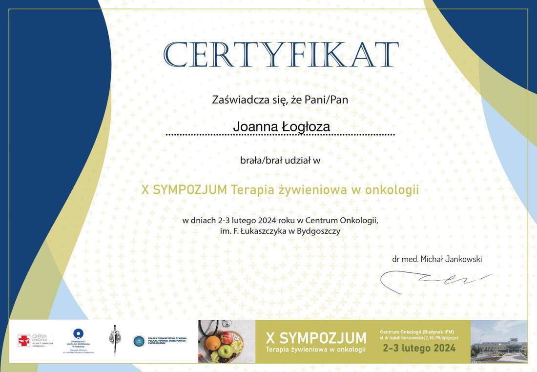 Certyfikat X Sympozjum Terapia Żywieniowa w Onkologii